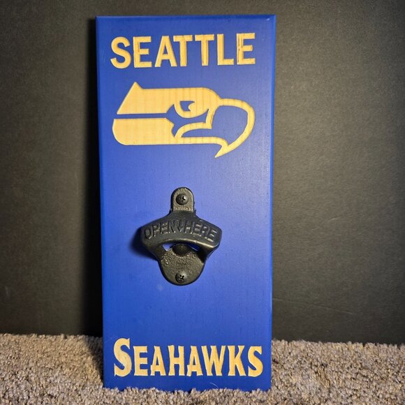 Seattle Seahawks Handcrafted Wood Mounted Bottle Opener - Picture 1 of 7